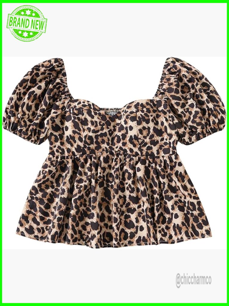 Floral Print Sweetheart Neck Ruffle Blouse Top Short Puff Sleeve